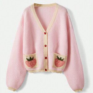 Pink Casual Women's Strawberry Print Bishop Sleeve sweater Cardigan
